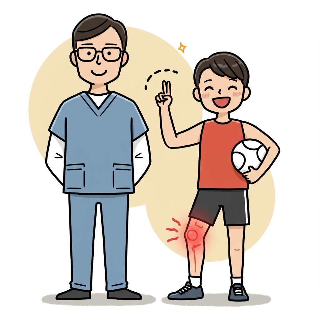 院長と膝の痛みが治ったこどもとうつるイラスト写真