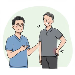 腰痛が治り喜んでくれている40代男性と院長ノイラスト写真