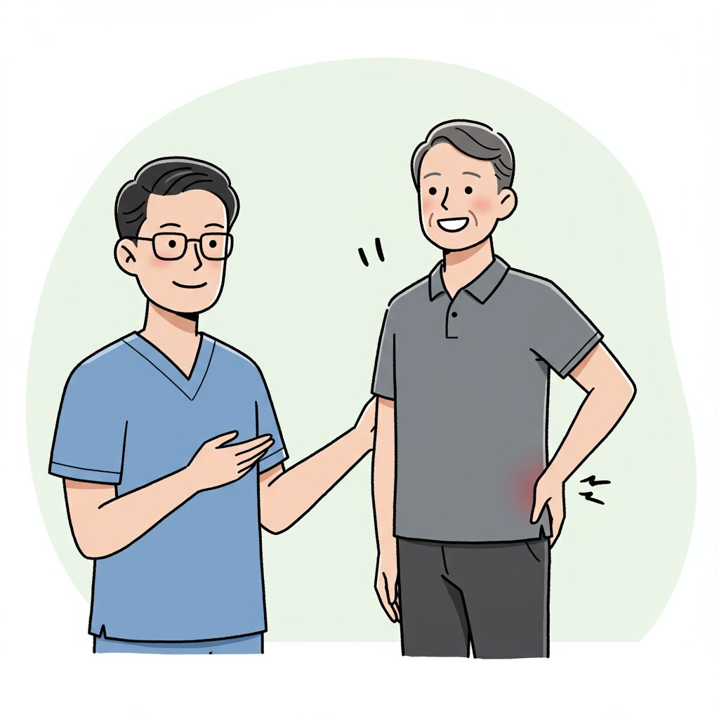 腰痛が治り喜んでくれている４０代男性と院長ノイラスト写真
