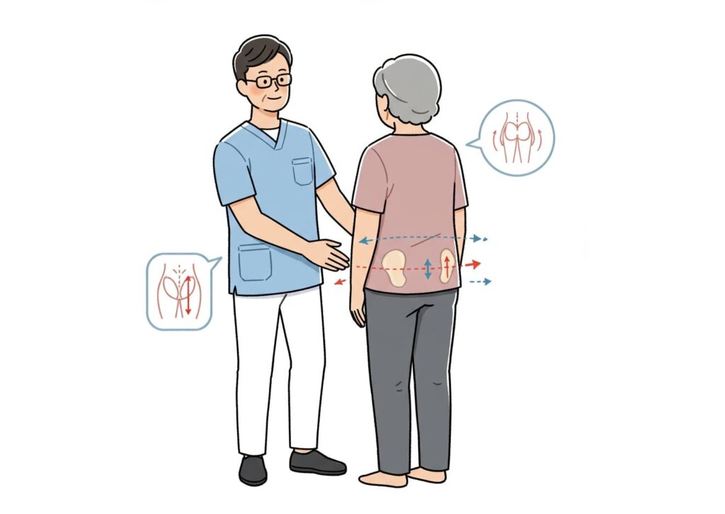 高齢者の腰の歪みをチェックしている様子