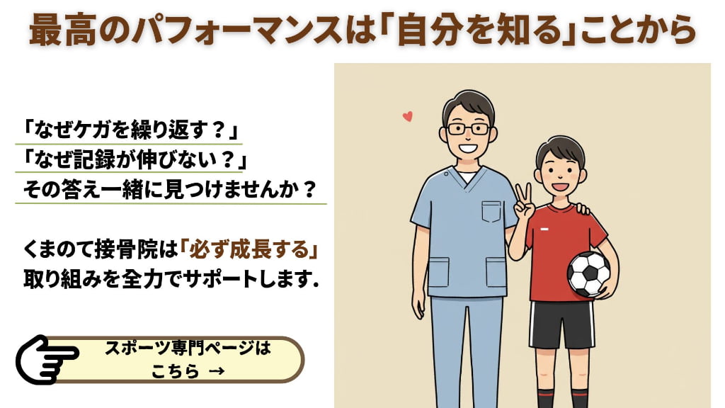 最高のパフォーマンスは自分を知ることからのテキストと院長の少年のイラストにスポーツページへのリンクボタン
