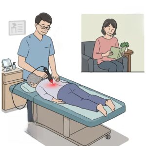 高齢者のお母さんが施術を受けている間待合室で娘さんが待っている様子