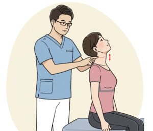 女性患者の首の姿勢や動きをチェックしている様子