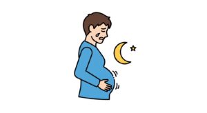 横向きの人物が、苦しい表情で、目立って膨らんだお腹を抱えています