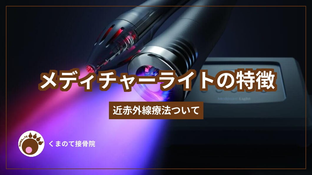 メディチャーライトの写真近赤外線照射をしている画像とメディチャーライトの特長のテキスト