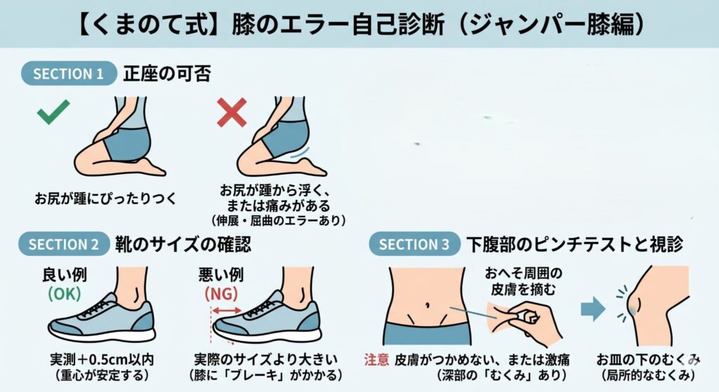 【くまのて式】ジャンパー膝(膝下の痛み)の原因となる3つの構造エラー自己診断図解