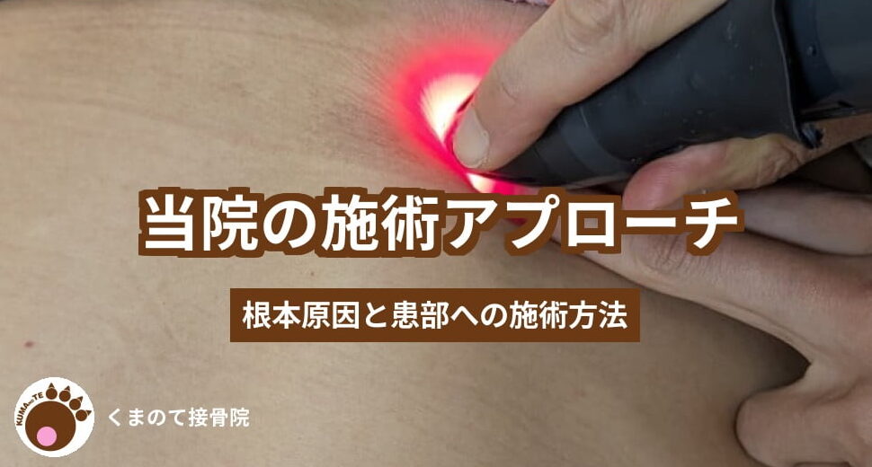 腰へのハンド調整の仕方の画像と当院のアプローチのテキスト