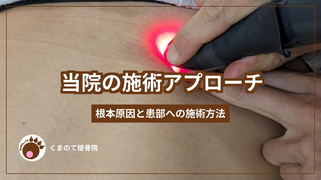 腰へのハンド調整の仕方の画像と当院のアプローチのテキスト