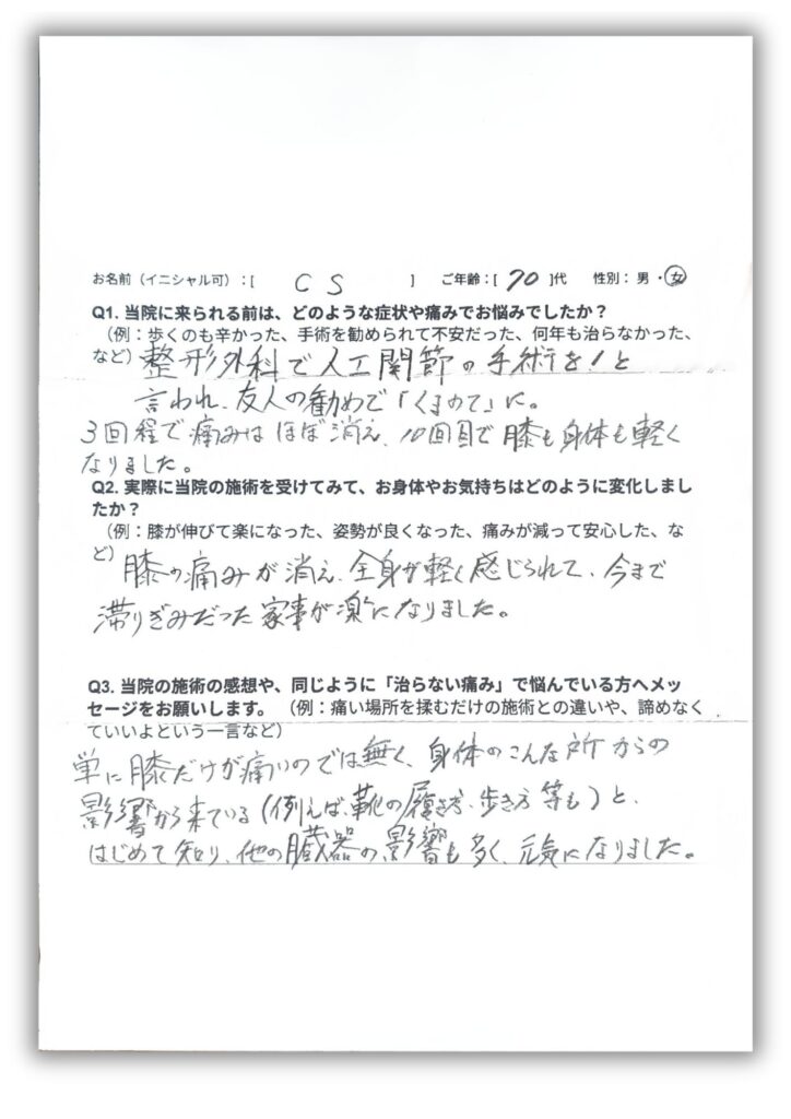 CS70代患者さんアンケート「人工関節」「膝の痛み」